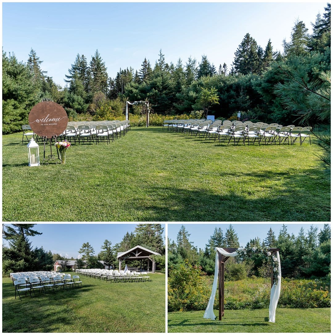 A wedding ceremony set up in the meadow adjacent to Hubbards Barn in Nova Scotia.