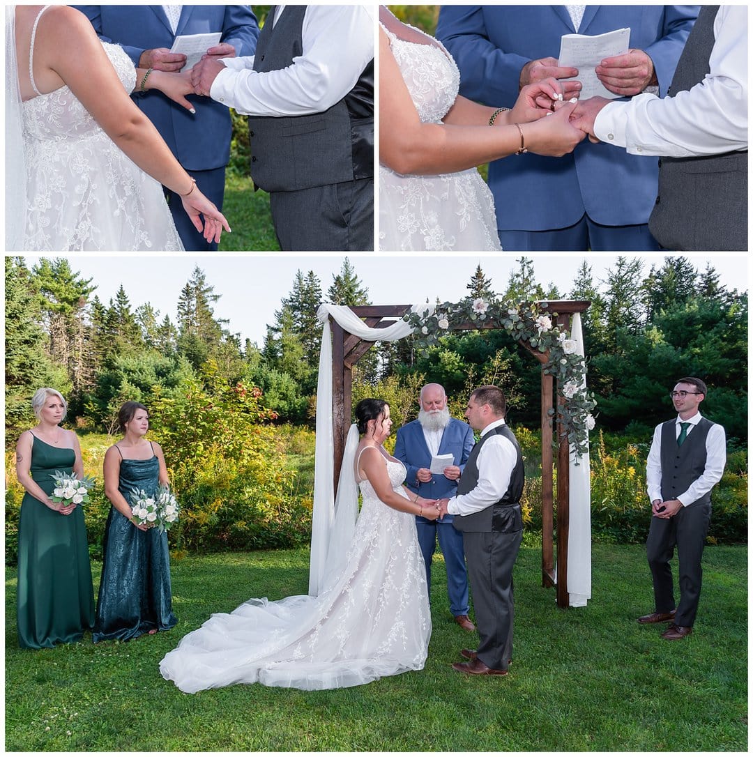 The bride and groom exchange vows at their wedding ceremony at Hubbards Barn in NS.