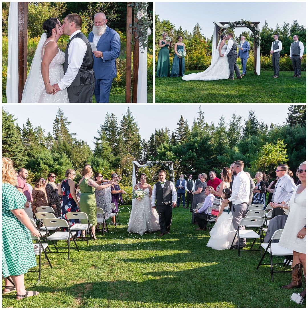 The bride and groom walk down the aisle at Hubbards Barn in NS.