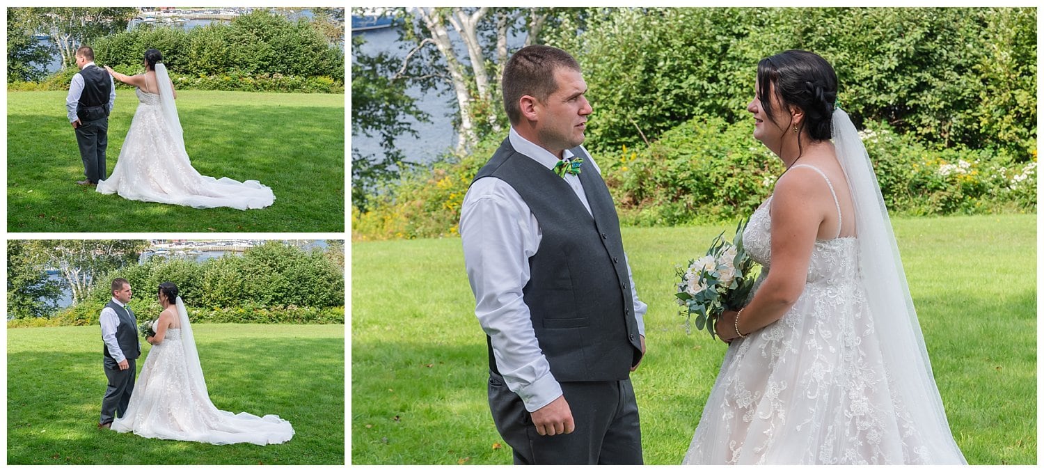 The bride and groom have their first look at an Airbnb in Hubbards NS.