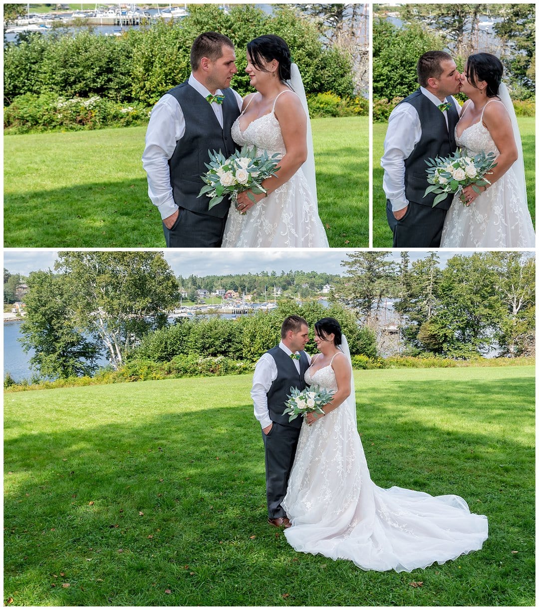 The bride and groom pose for their wedding photos on the grounds of an Airbnb in Hubbards NS.