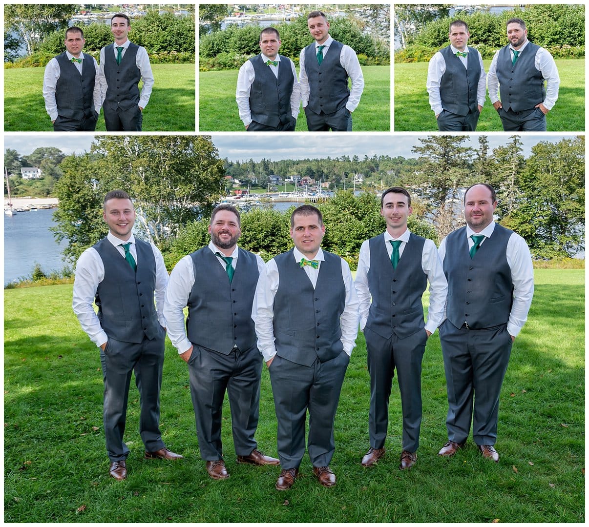 The groom poses with his groomsmen during wedding photos in Hubbards NS.