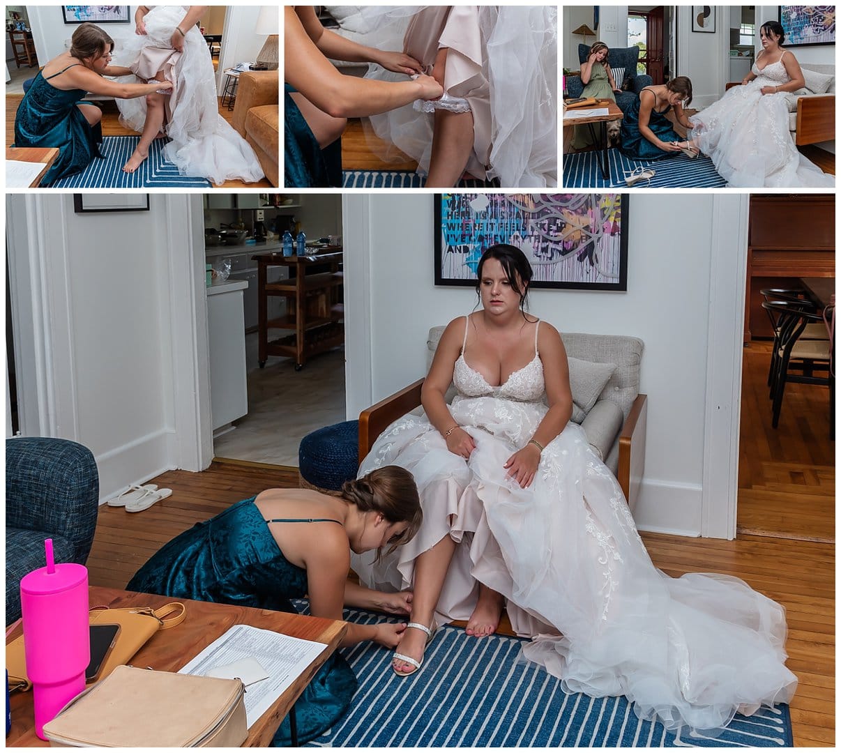 The bride being helped into her shoes by her bridesmaid at an Airbnb in Hubbards NS.