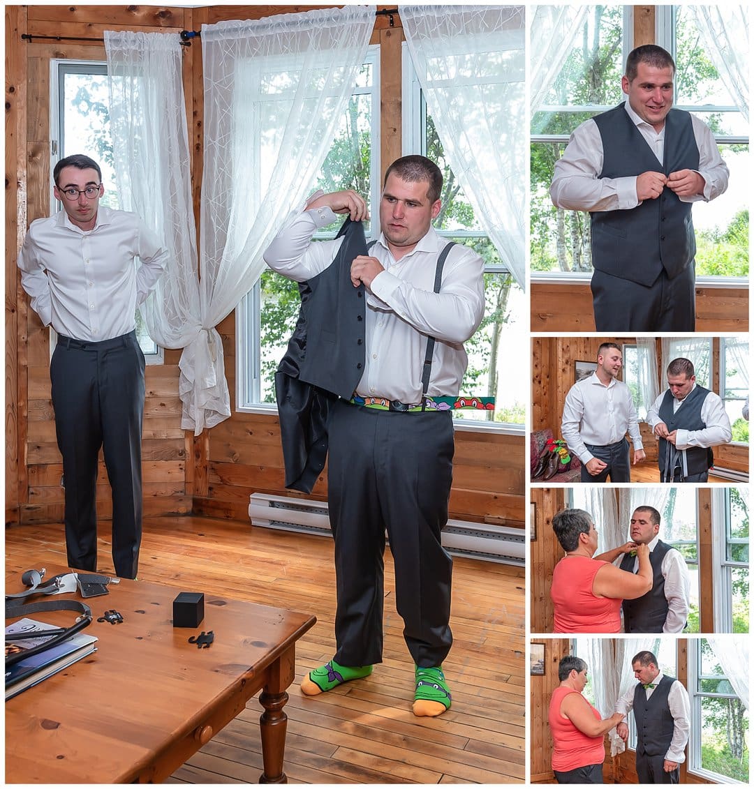 The groom gets ready for his wedding day with his groomsmen in a rustic cabin in Hubbards NS.