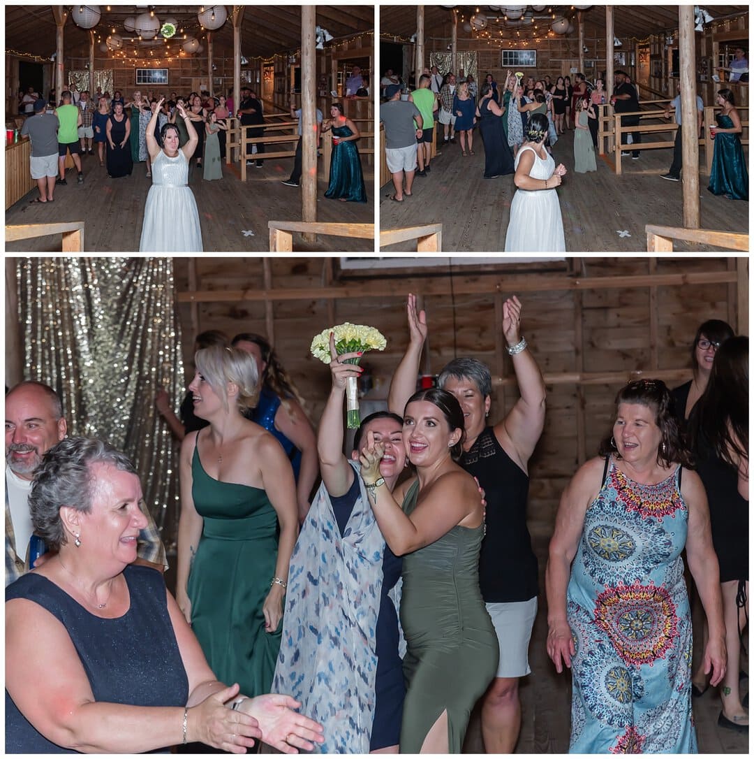 The bride tosses her bouquet during her wedding reception at Hubbards Barn in NS.