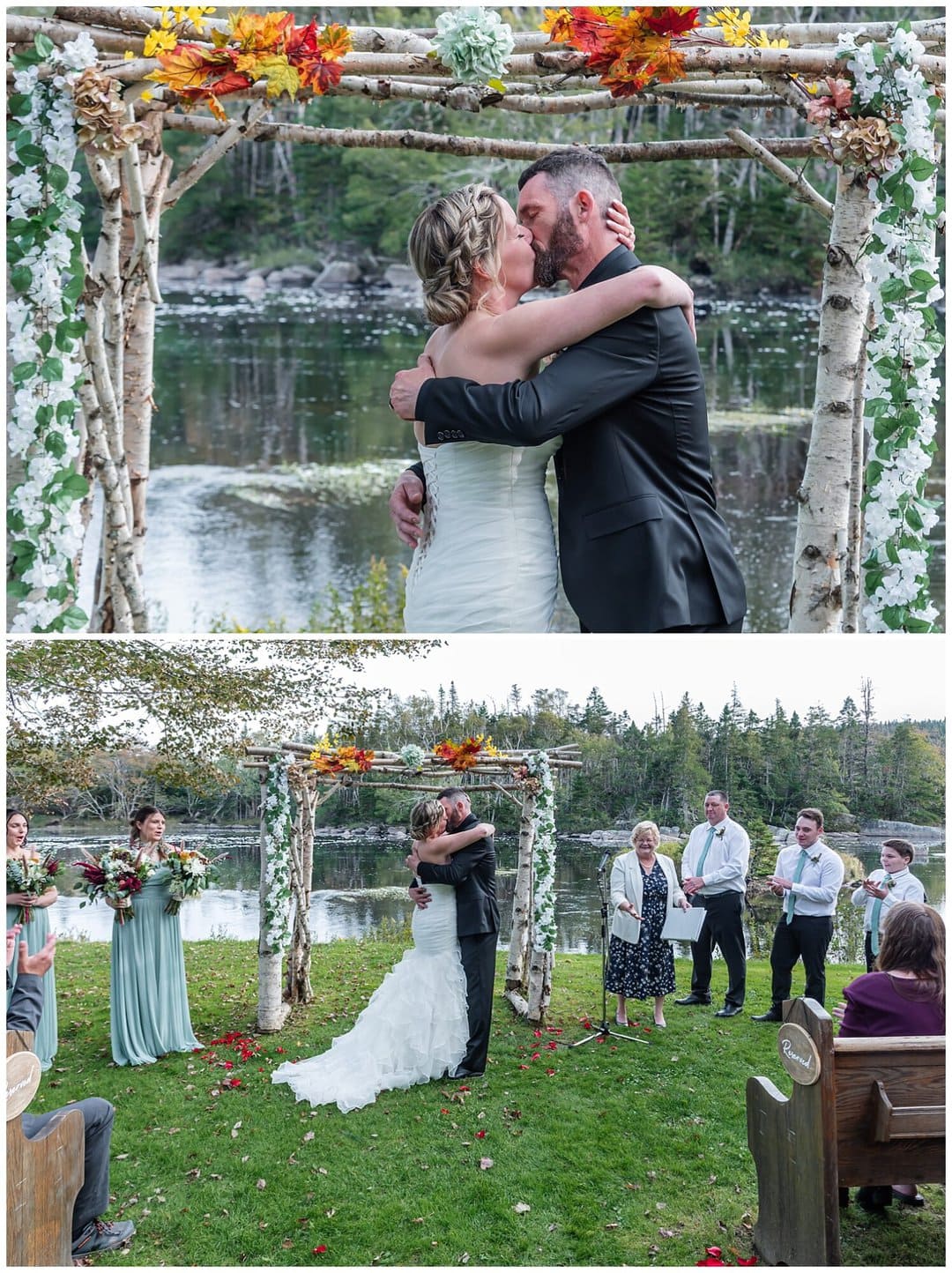 The bride and groom have their first kiss during their wedding ceremony at Liscombe Lodge NS.