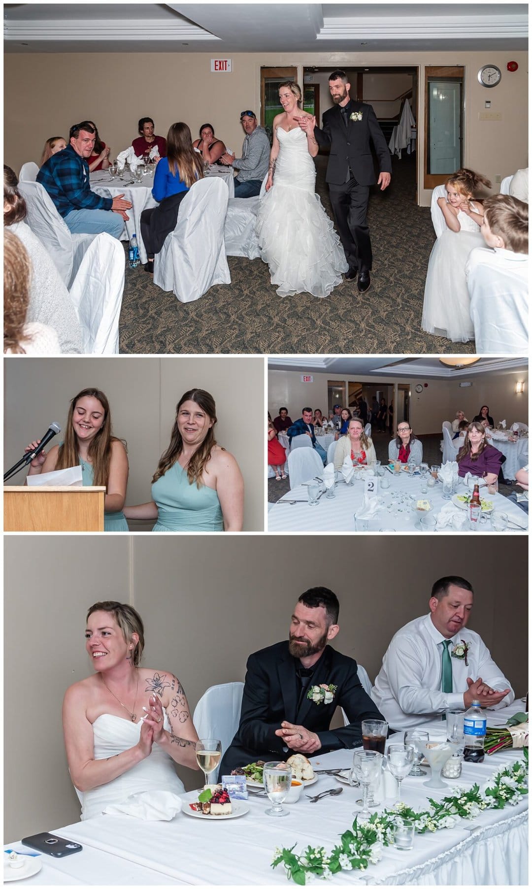The bride and groom listen to wedding speeches during their reception at the Liscombe Lodge in NS.