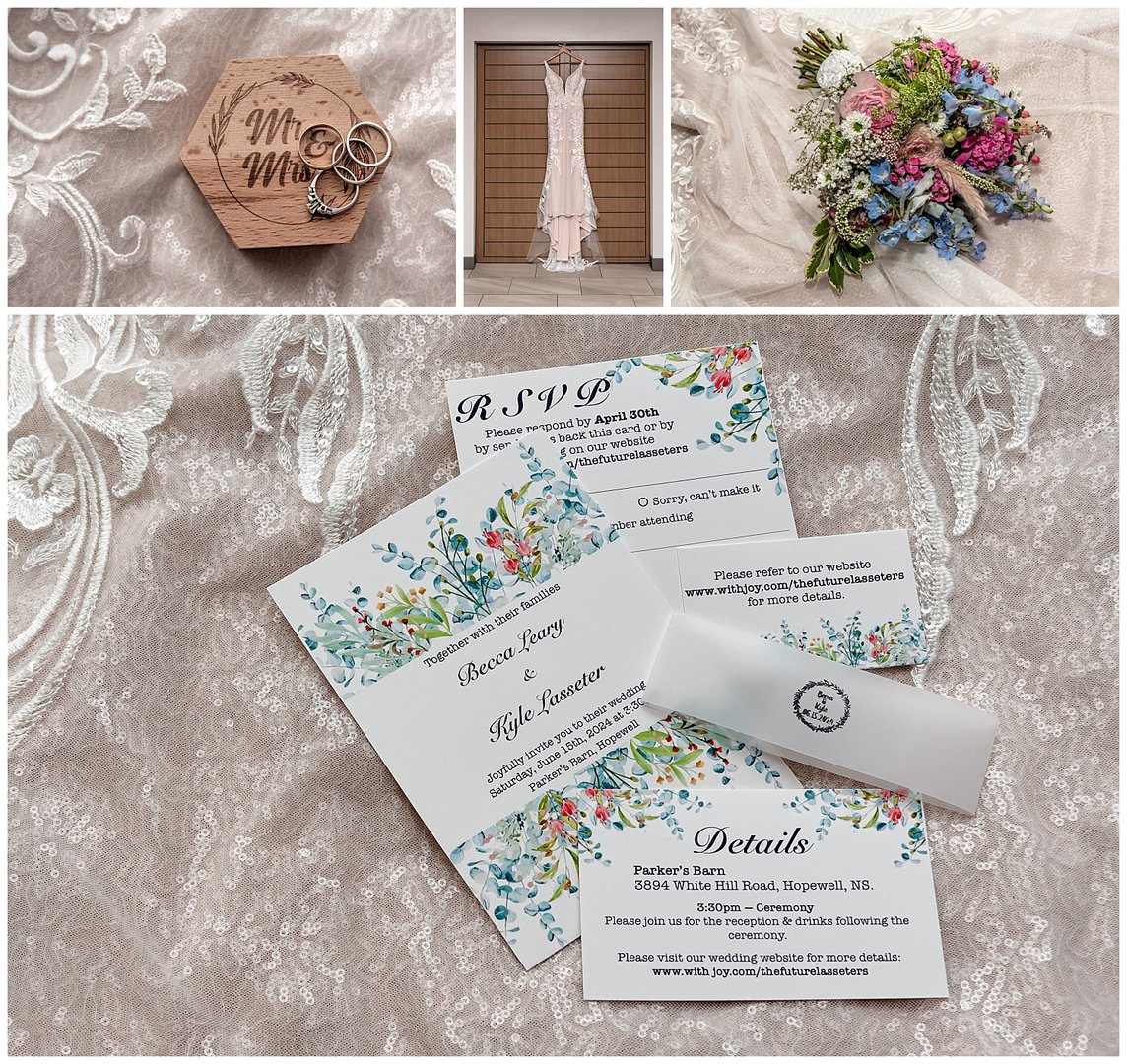 The wedding gown, invitations, rings and bouquet detail still photography