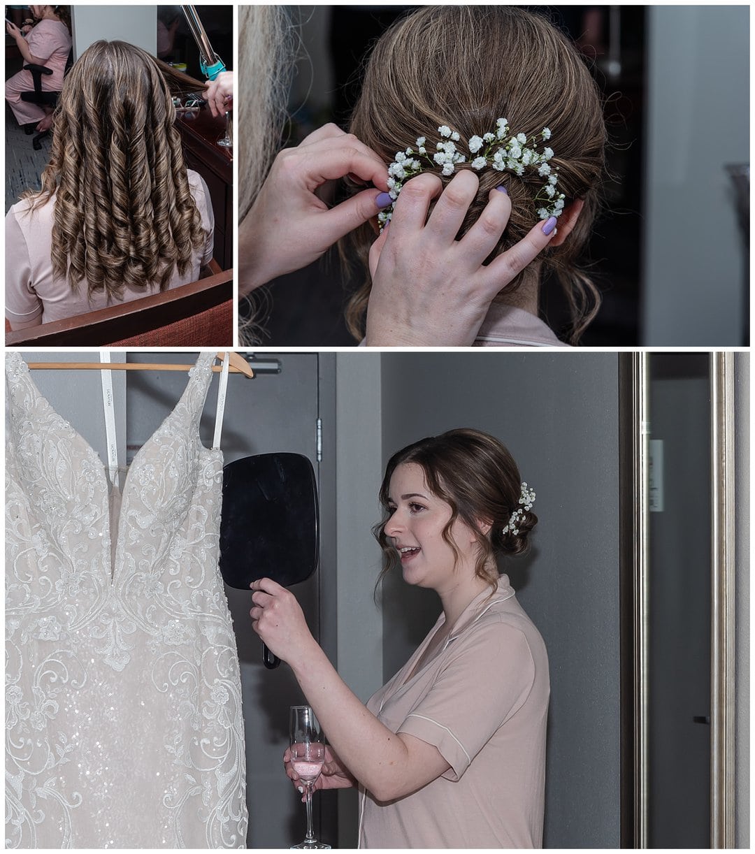 The bride gets her hair styled in a bun for her wedding day with baby breath.