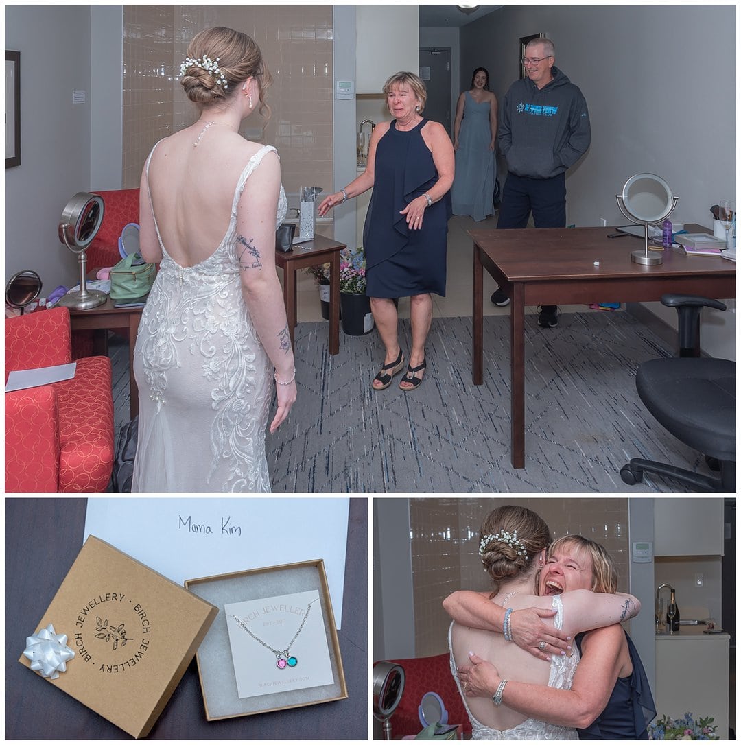 The mother of the bride has a first look with her daughter during bridal prep getting ready in the morning of the wedding day.
