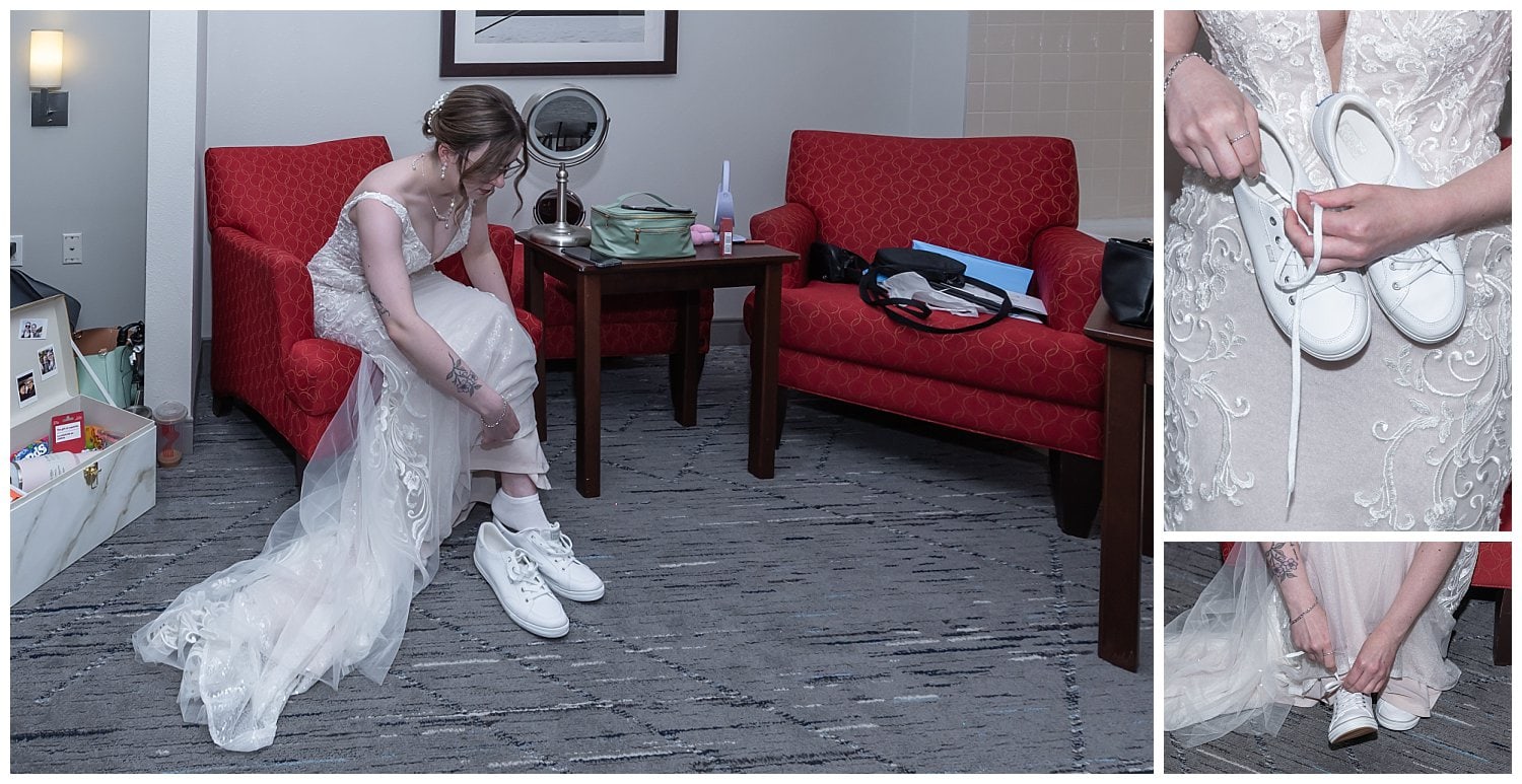 The bride puts her sneakers on for her wedding day.