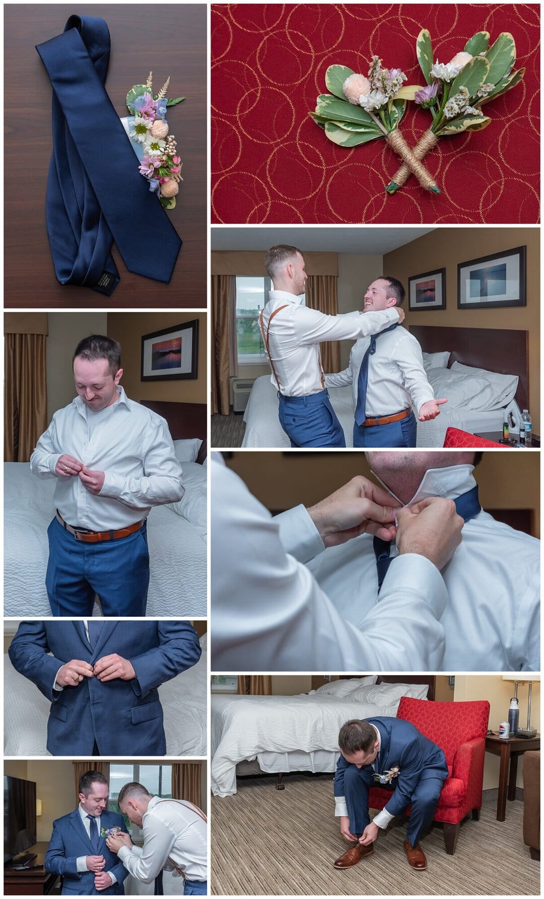 The groom getting ready on his wedding day with the groomsmen.