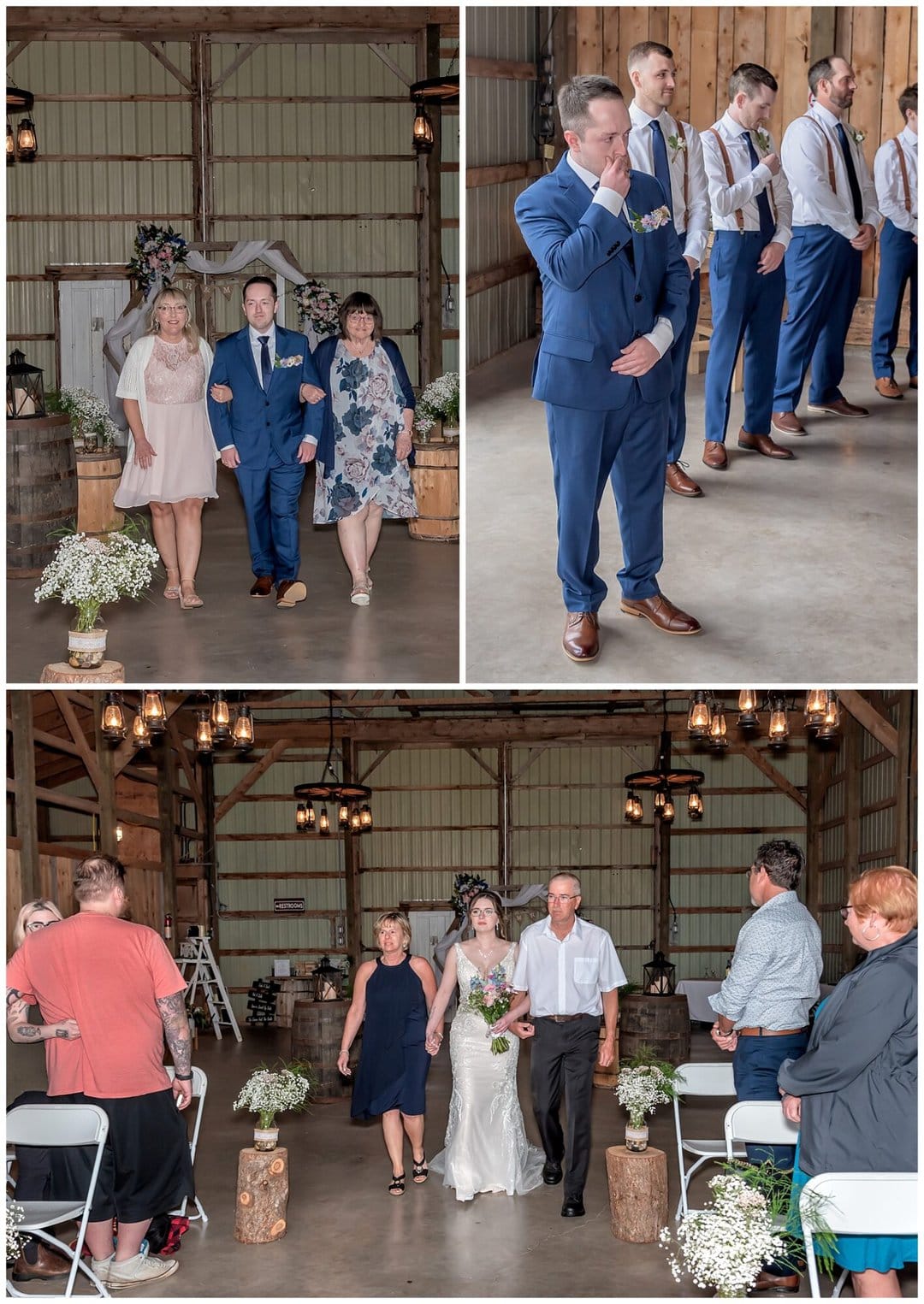 The emotions of the groom as he watches his bride walk up the aisle with her parents at Parkers Barn in Hopewell NS.