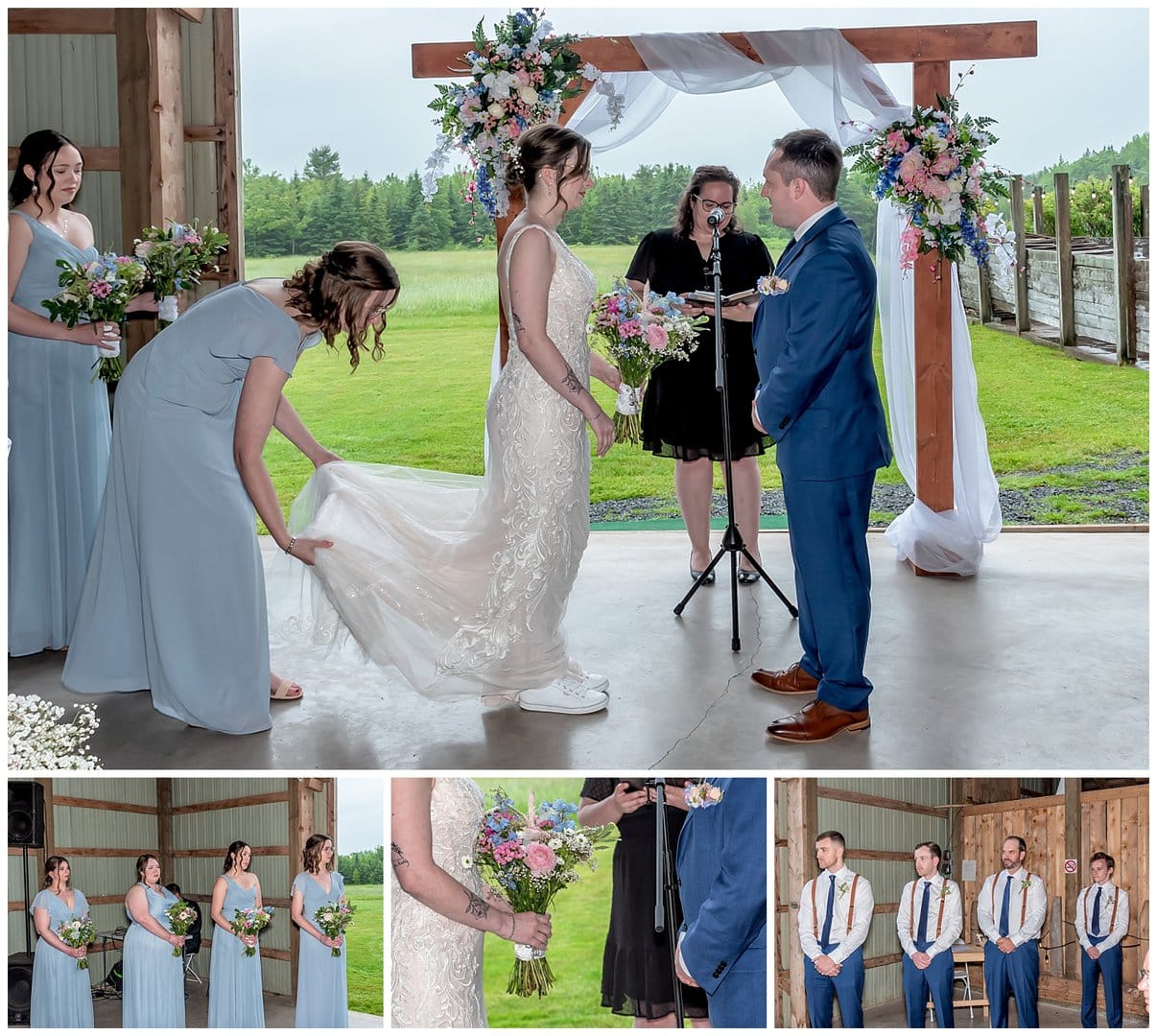 The bride and groom stand at the infront of a rustic trellis during their wedding ceremony at the Parkers Barn in Hopewell NS.