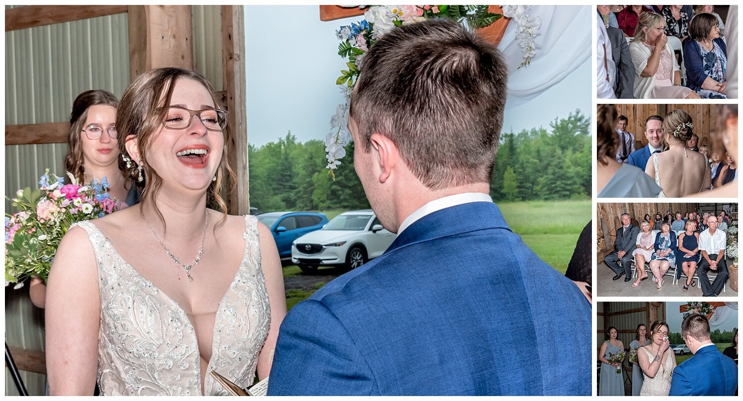 The bride laughs as the groom says his vows during their wedding ceremony at Parkers Barn in Hopewell NS.