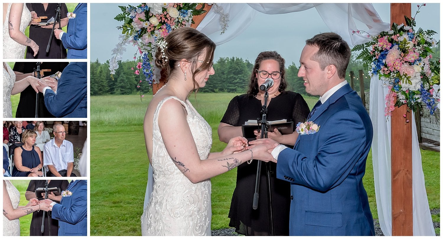 The bride exchanges wedding rings with the groom during their wedding ceremony at Parkers Barn in Hopewell NS.
