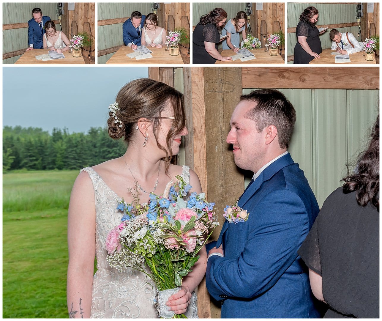 The bride, groom and witnesses sign their marriage certificate at Parkers Barn during their wedding ceremony.