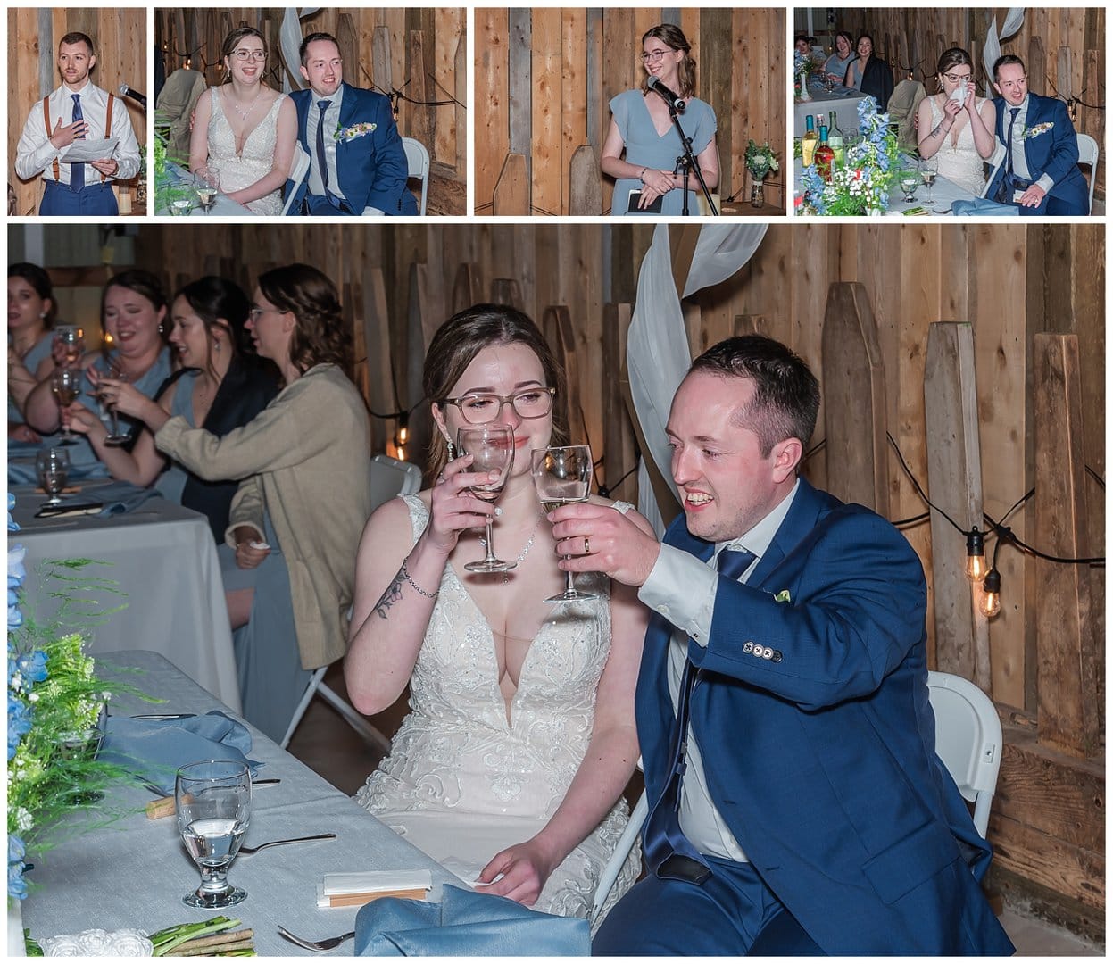 Bride and groom listen to wedding day speeches from family and friends during their wedding reception at Parkers Barn in Hopewell NS.