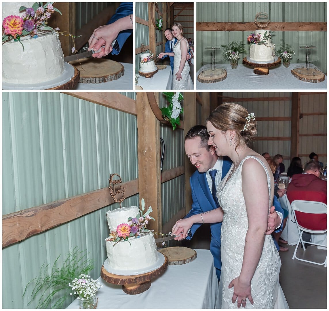 The bride and groom cut the wedding cake at Parkers Barn in Hopewell NS.