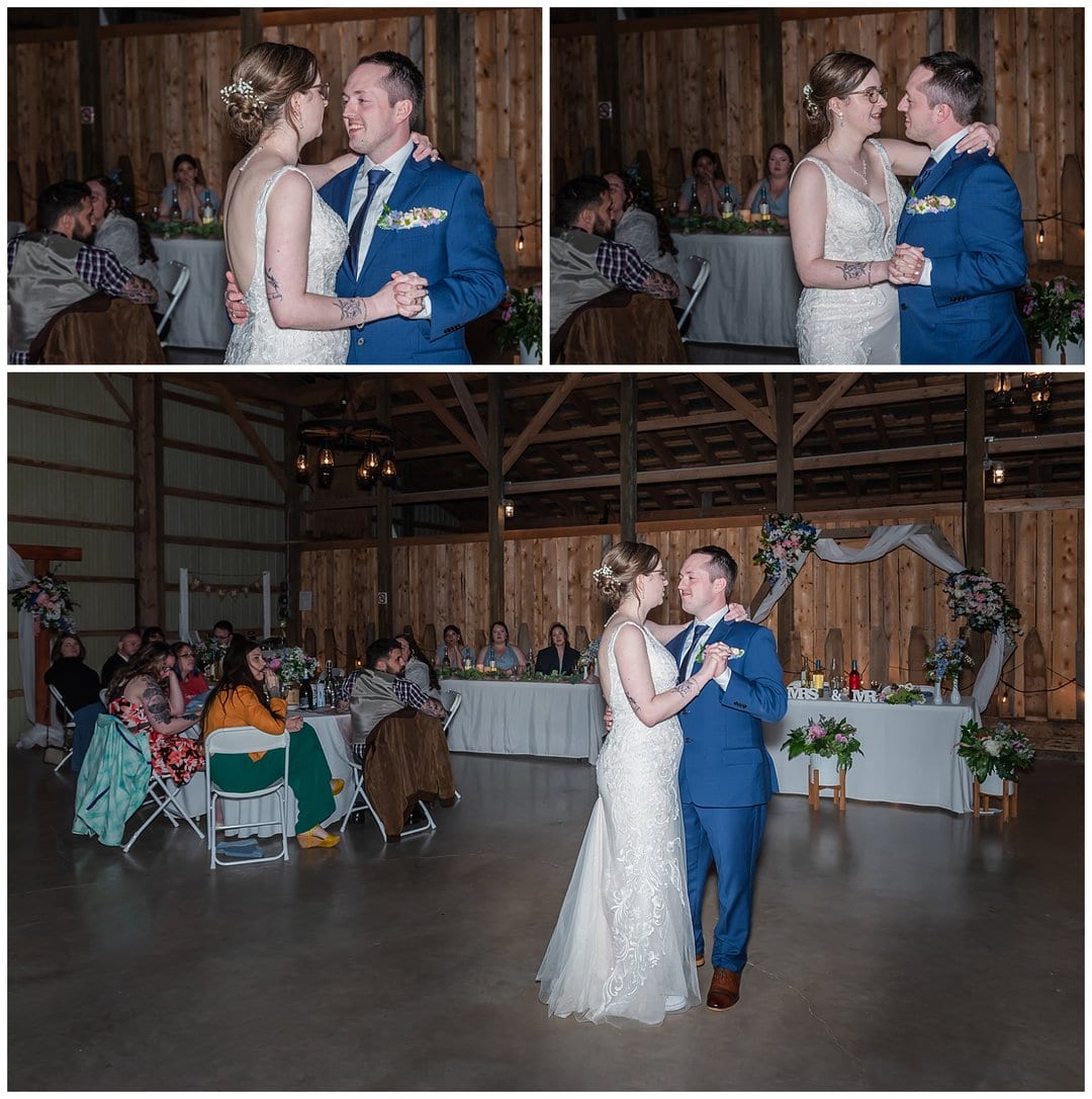The bride and groom have their first dance during their wedding reception at Parkers Barn in Hopewell NS.