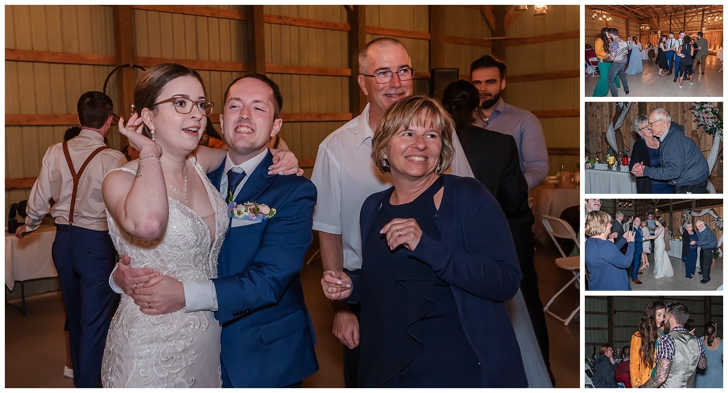 The bride and groom dance with their family and friends during their wedding reception at Parkers Barn in Hopewell NS.