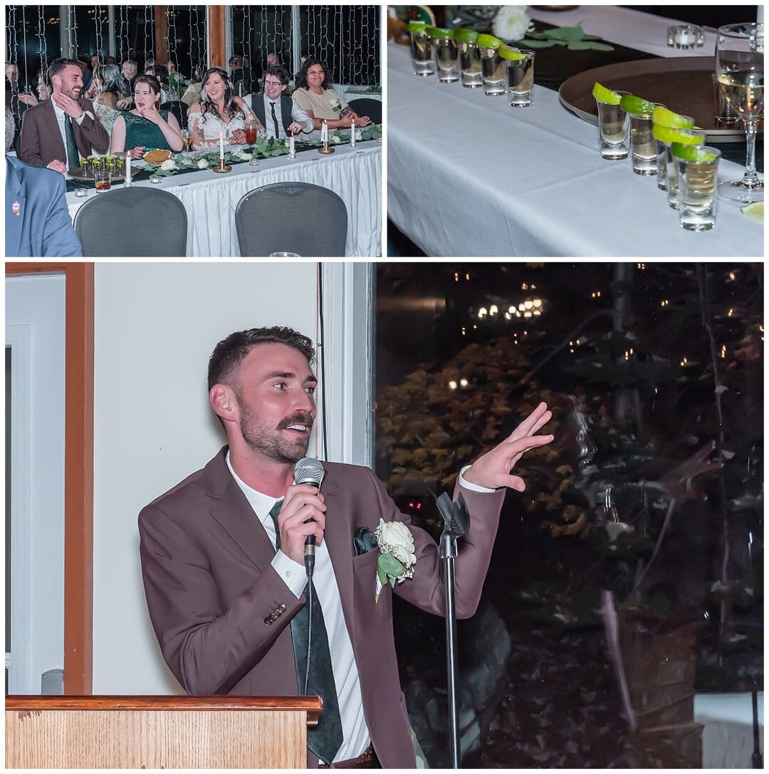 The best man sets up the tequila shot wedding game during a wedding reception at Saraguay House in Halifax NS.