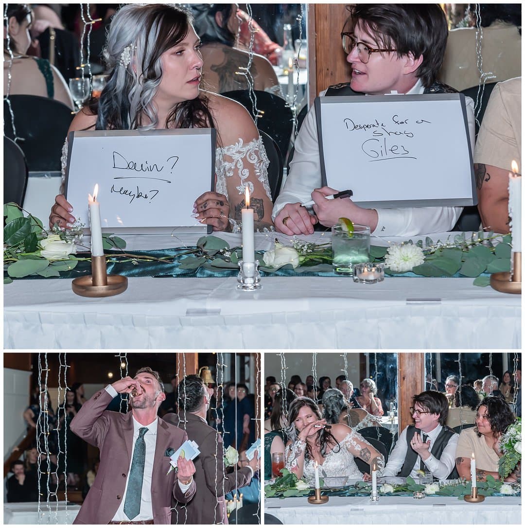 The bride and bride answer questions, they get it right so the bestman and maid of honor have to do a tequila shot during their wedding reception at Saraguay House in Halifax NS.