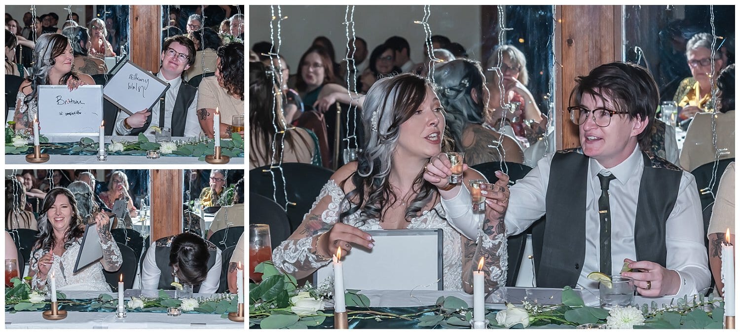 The bride and bride answer a questions during their wedding reception and get it wrong so both have to take a tequila shot.