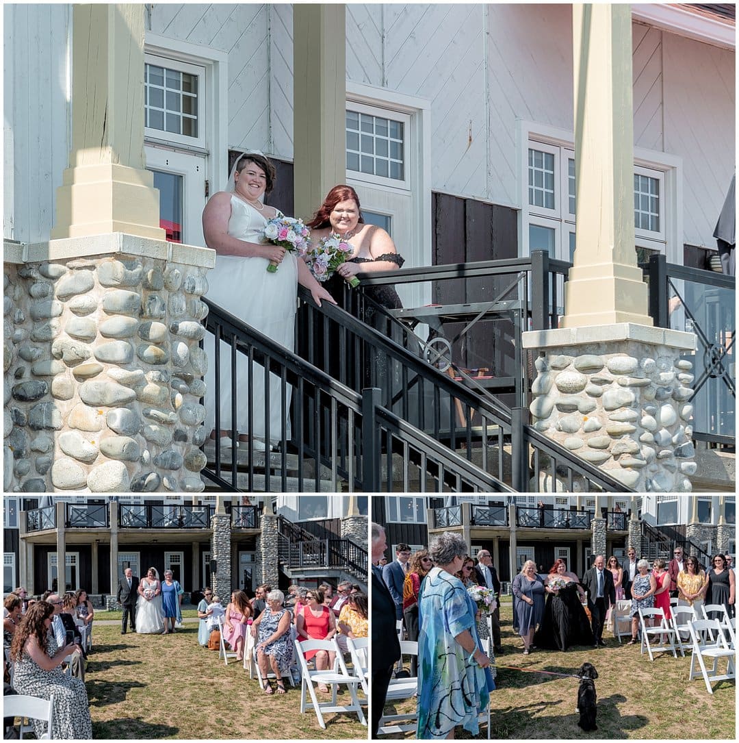 Both brides walk up the aisle with their parents during their LGBT wedding ceremony at White Point Beach Resort in NS.