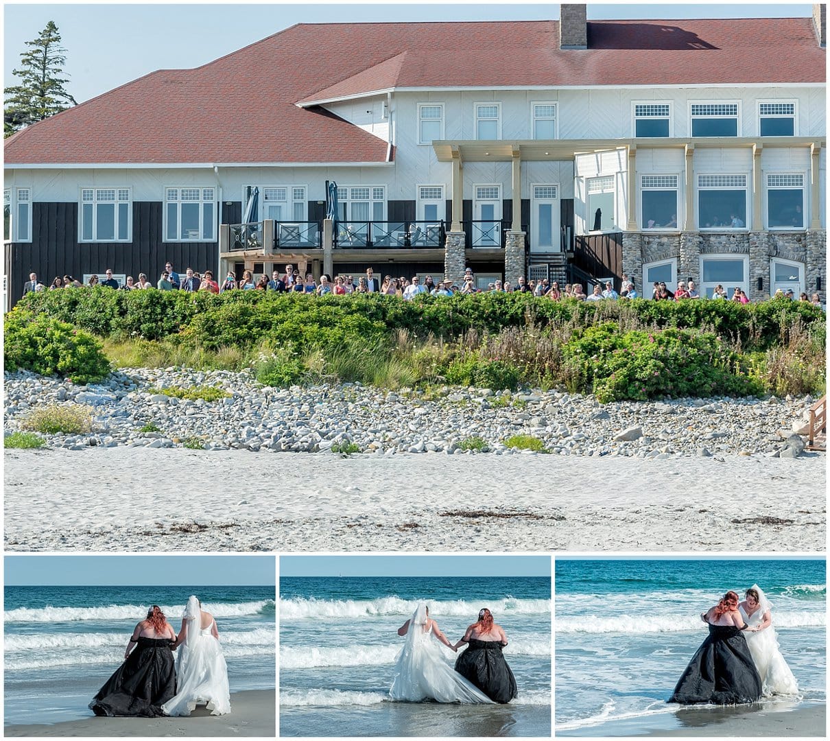 The Brides take a dip in the ocean together after their wedding ceremony at White Point Beach Resort in NS.