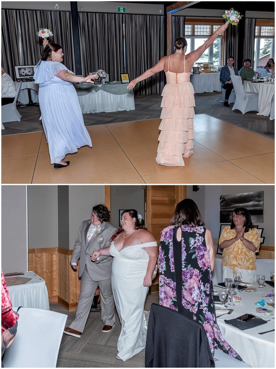 The wedding party with the brides enter their wedding reception at White Point Beach Resort in NS.
