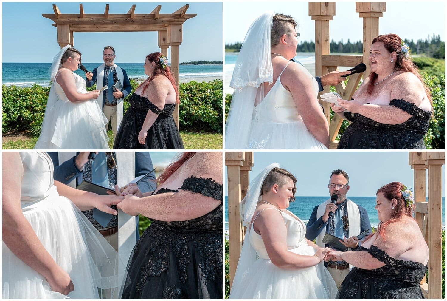 The brides exchange vows and rings during their LGBT wedding at White Point Beach Resort in NS.