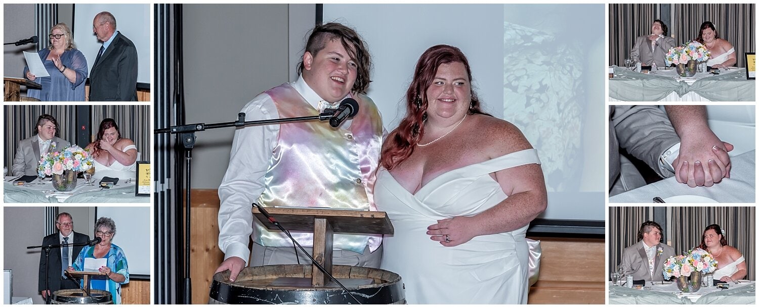The brides laugh and cry during wedding speeches at their White Point Resort LGBT wedding in NS.