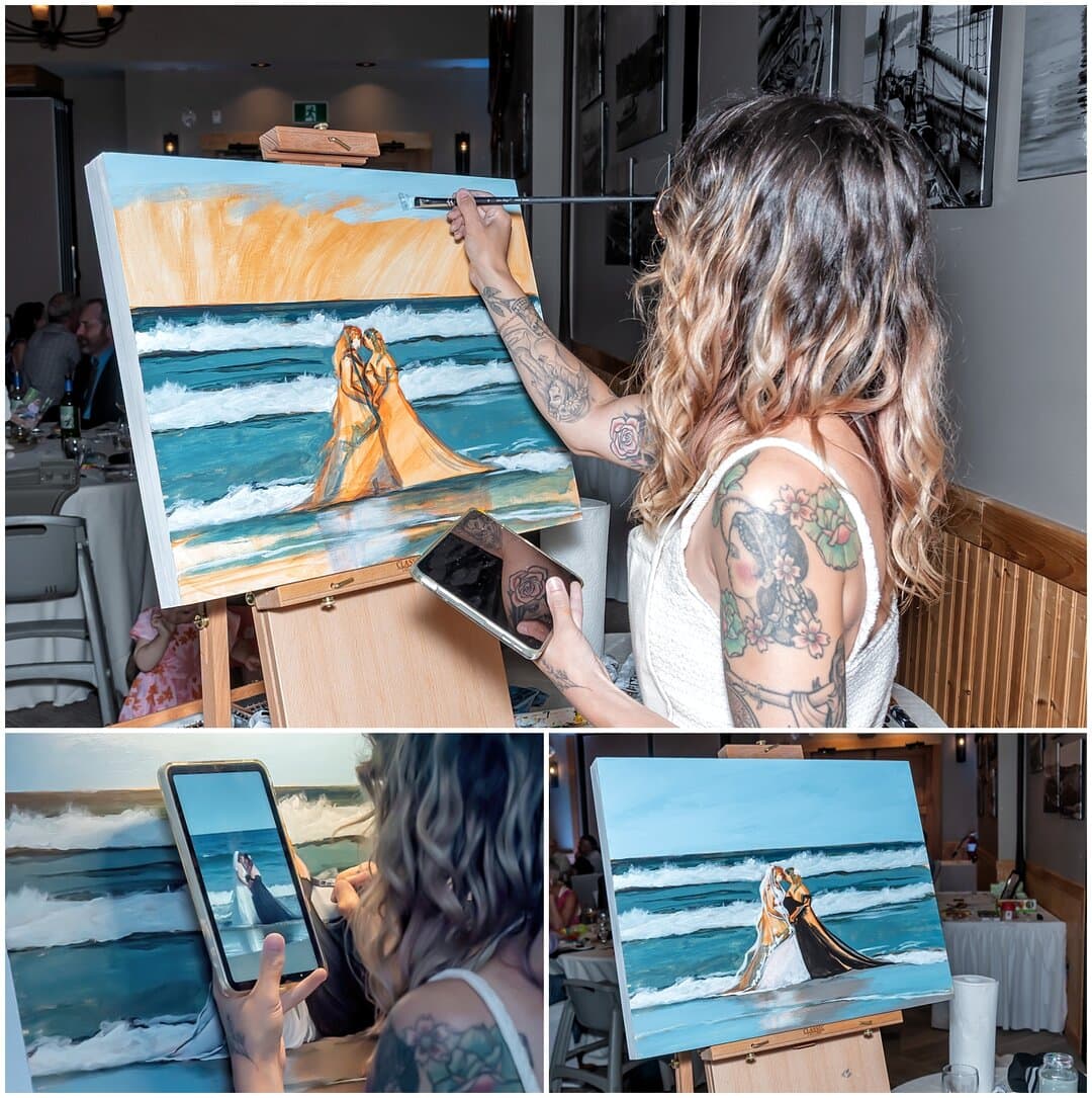 The brides hired an artist to paint an image taken during the wedding day at White Point Beach Resort in NS.
