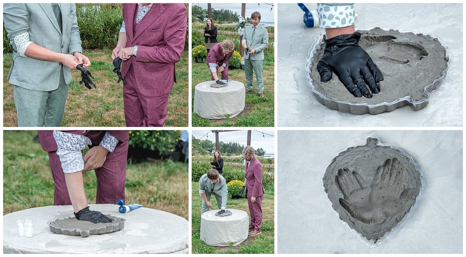 The LGBT grooms had a hand cement unity ritual during their wedding ceremony at the Hubbards Campground and Cottages, Shandon's Moonshine cabin in Nova Scotia.