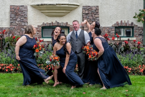 funny wedding party photos with the groom a bridesmaids at Digby Pines.