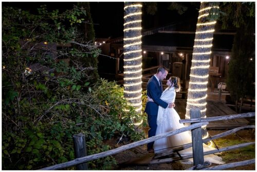 The bride and groom pose for wedding photos by trees wrapped in twinkle lights at Hatfield Farm in NS.